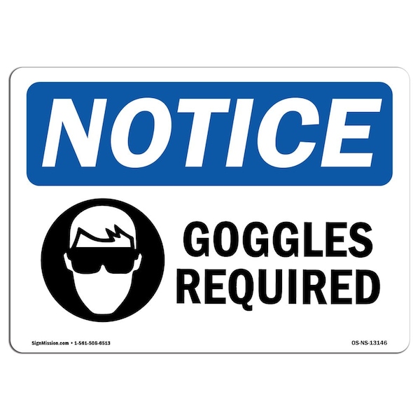 OSHA Sign, Goggles Required With Symbol, 5in X 3.5in Decal, 10PK, 5" W, 3.5" H, Landscape, PK10
